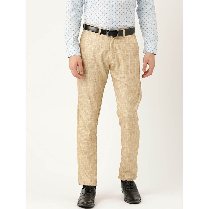 SOJANYA Men Cotton Blend Khaki & Off White Checked Formal Trousers (30)