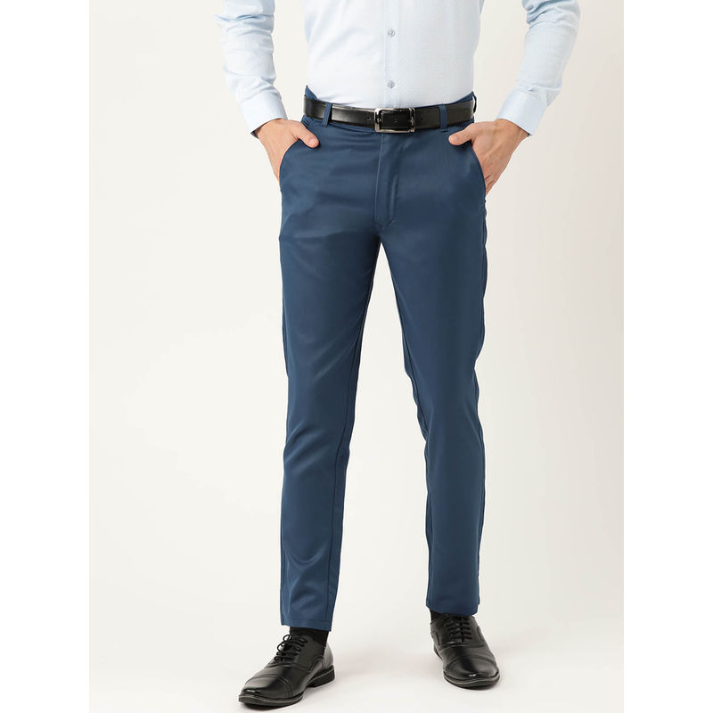 SOJANYA Men Cotton Blend Teal Blue Solid Formal Trousers (30)