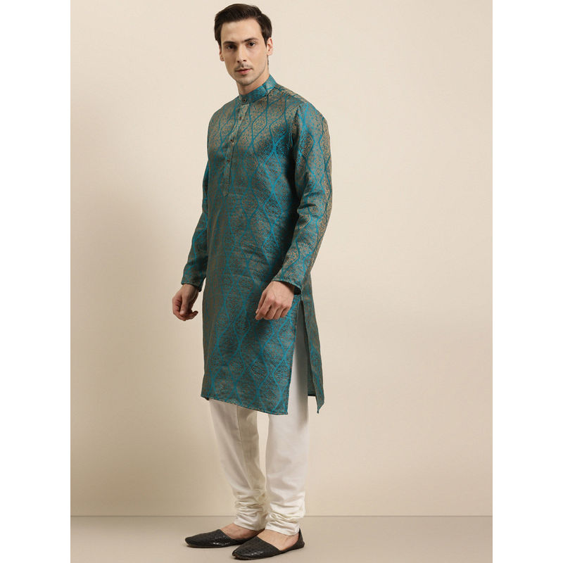 SOJANYA Mens Jacquard Silk Teal Blue & Gold Kurta Off-White Churidar Pyjama (Set of 2) (M)