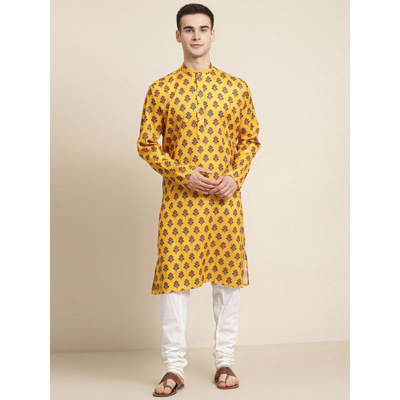 SOJANYA Mens Cotton Mustard Printed Kurta & White Churidar Pyjama (Set of 2) (M)