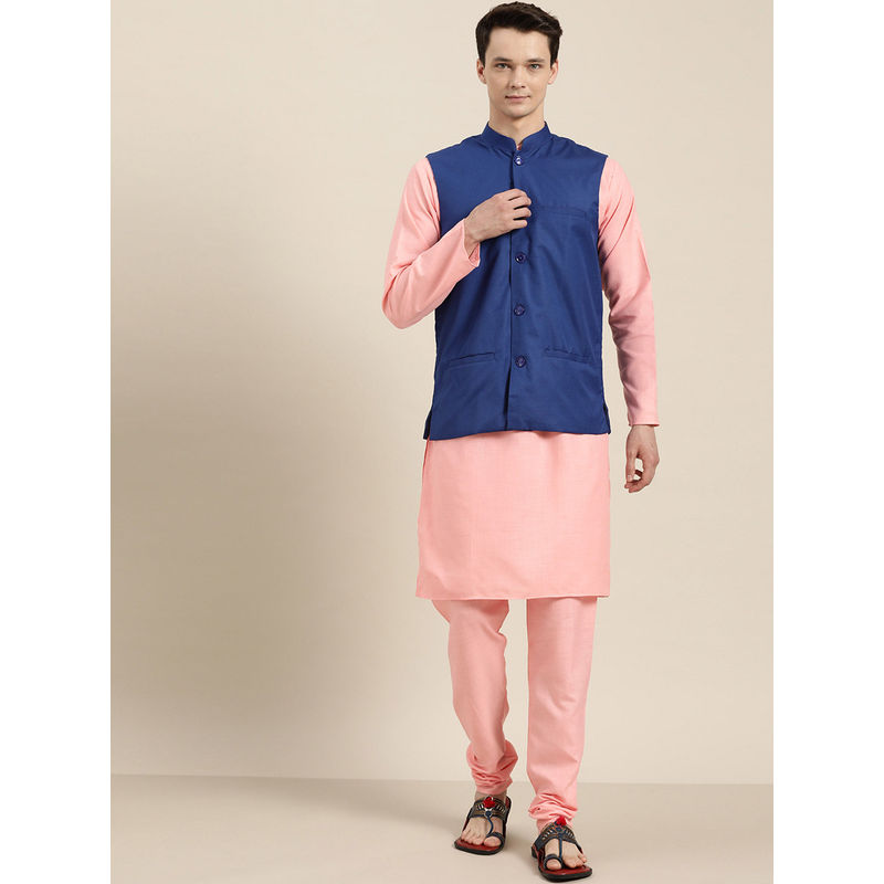 SOJANYA Cotton Pink Kurta And Pyjama & Royal Blue Nehru jacket (Set of 3) (M)