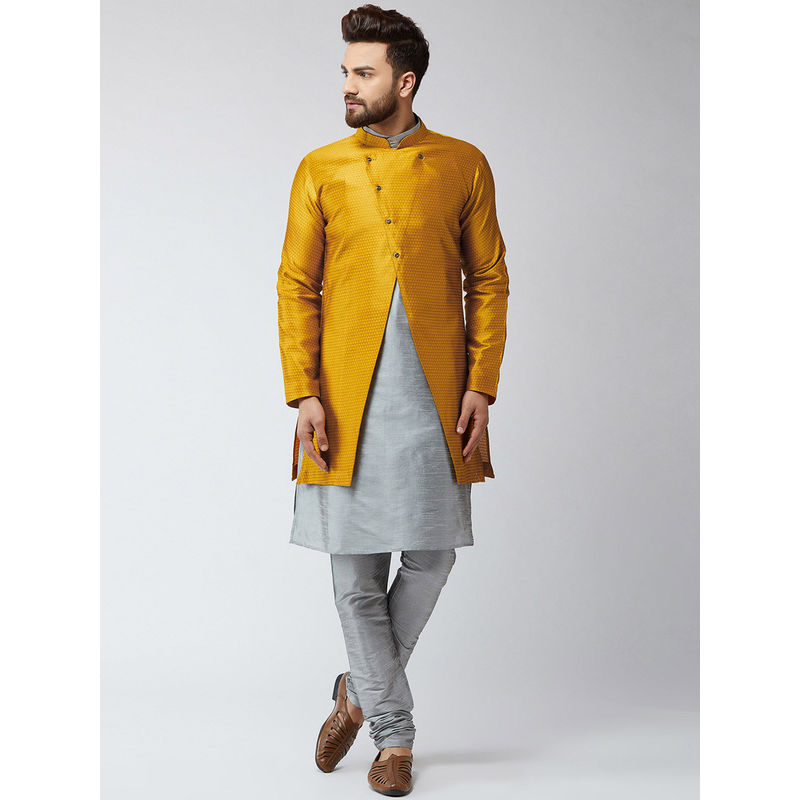 Sojanya Set Pigiama Uomo Kurta E Churidar – Seta Jacquard Rosa E Oro, Fondo In Cotone, Taglie Regolari - 3
