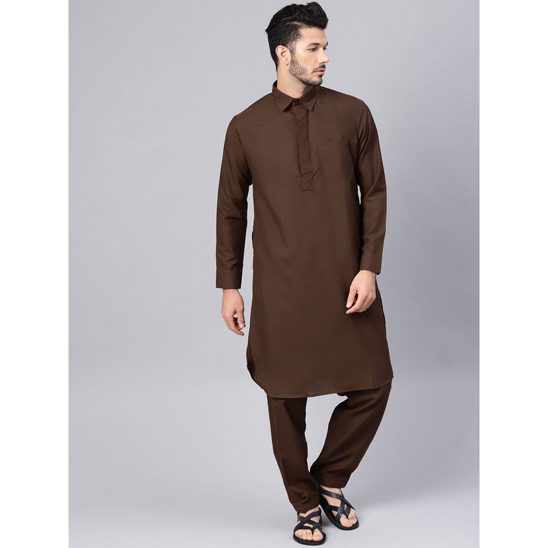SOJANYA Cotton Blend Chocolate Brown Pathani Kurta And Salwar (Set of 2) (M)