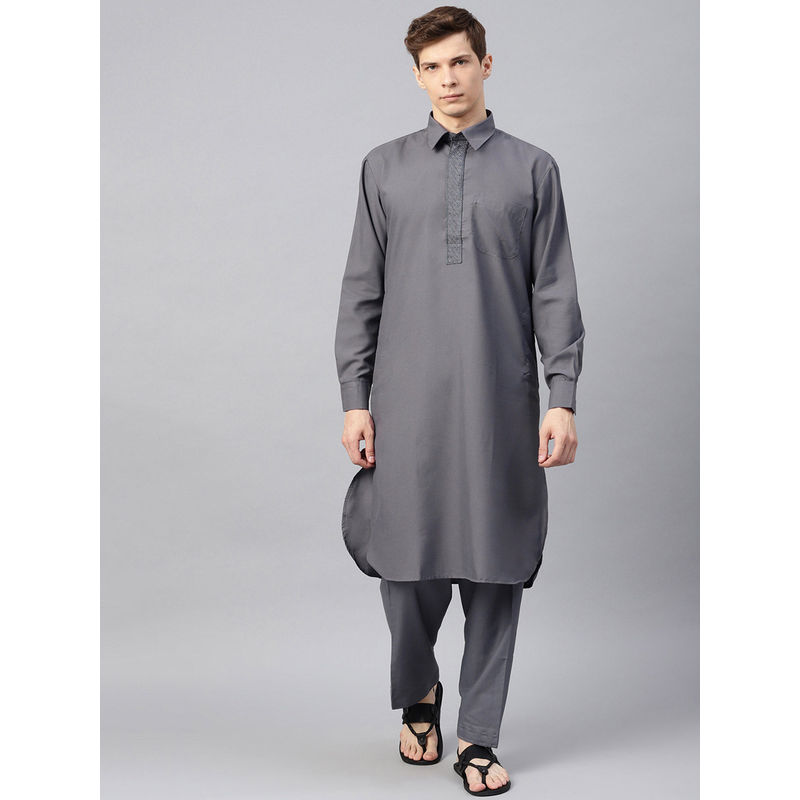 SOJANYA Cotton Blend Grey Pathani Kurta And Salwar (Set of 2) (M)