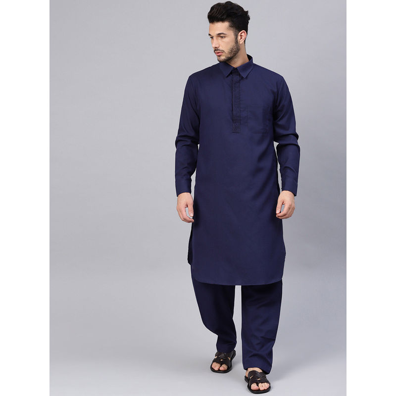 SOJANYA Cotton Blend Navy Blue Pathani Kurta And Salwar (Set of 2) (L)