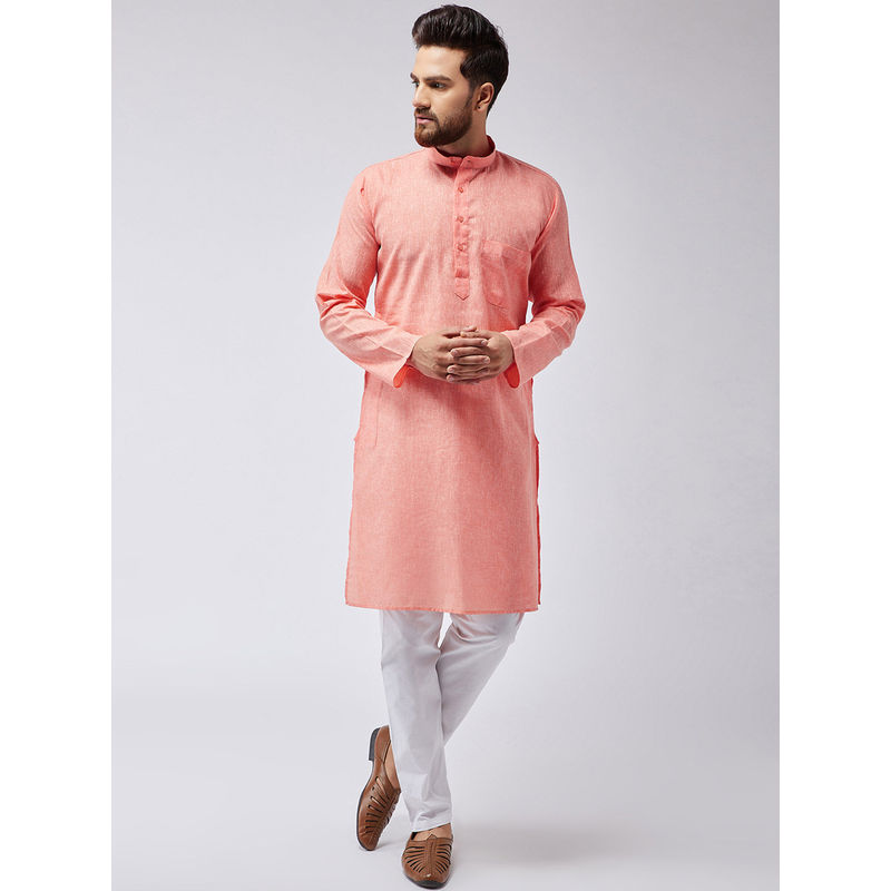 SOJANYA Cotton Linen Orange Kurta And White Pyjama (Set of 2) (M)