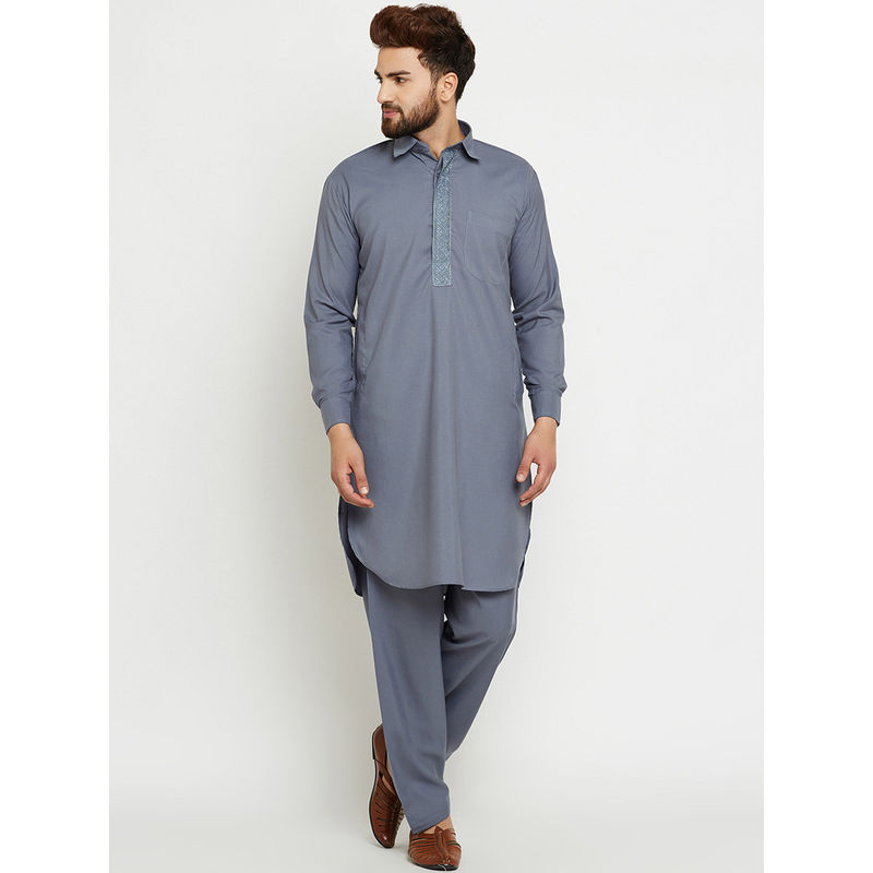 SOJANYA Cotton Slate Grey Pathani Kurta And Salwar (Set of 2) (M)