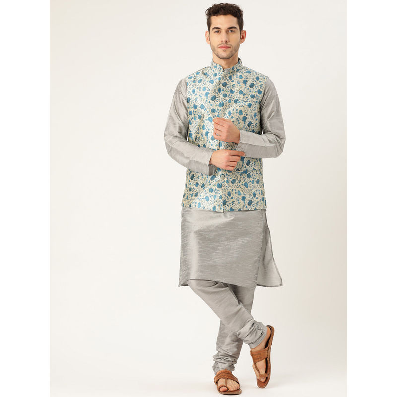SOJANYA Mens Silk Blend Grey Kurta And Pyjama & Blue Nehru Jacket (Set of 3) (L)