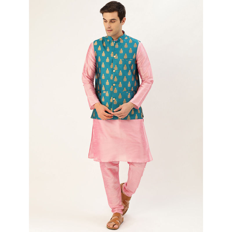 SOJANYA Silk Blend Pink Kurta And Pyjama & Teal Blue Nehru Jacket (Set of 3) (M)