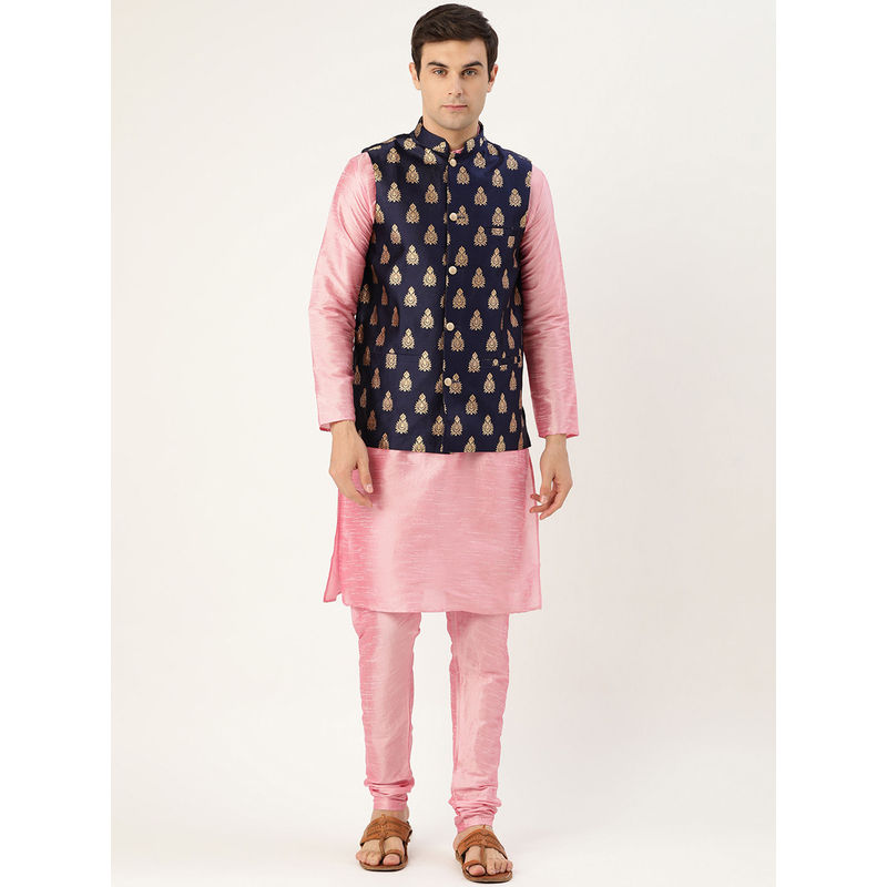 SOJANYA Silk Blend Pink Kurta And Pyjama & Navy Blue Nehru Jacket (Set of 3) (XL)