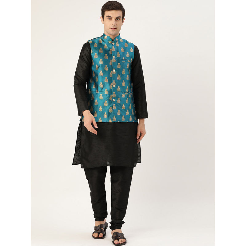 SOJANYA Silk Blend Black Kurta And Pyjama & Teal Blue Nehru Jacket (Set of 3) (M)