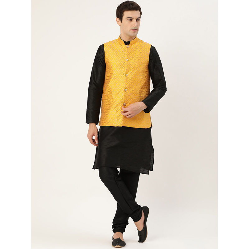 SOJANYA Silk Blend Black Kurta And Pyjama & Mustard Nehru Jacket (Set of 3) (XL)