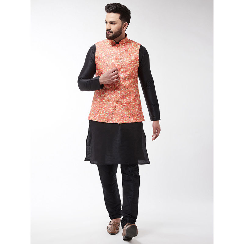 SOJANYA Silk Blend Black Kurta With Pyjama & Peach Printed Nehru Jacket (Set of 3) (2XL)