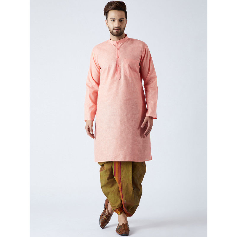 SOJANYA Cotton Linen Orange Kurta and Green Dhoti Pant (Set of 2) (M)