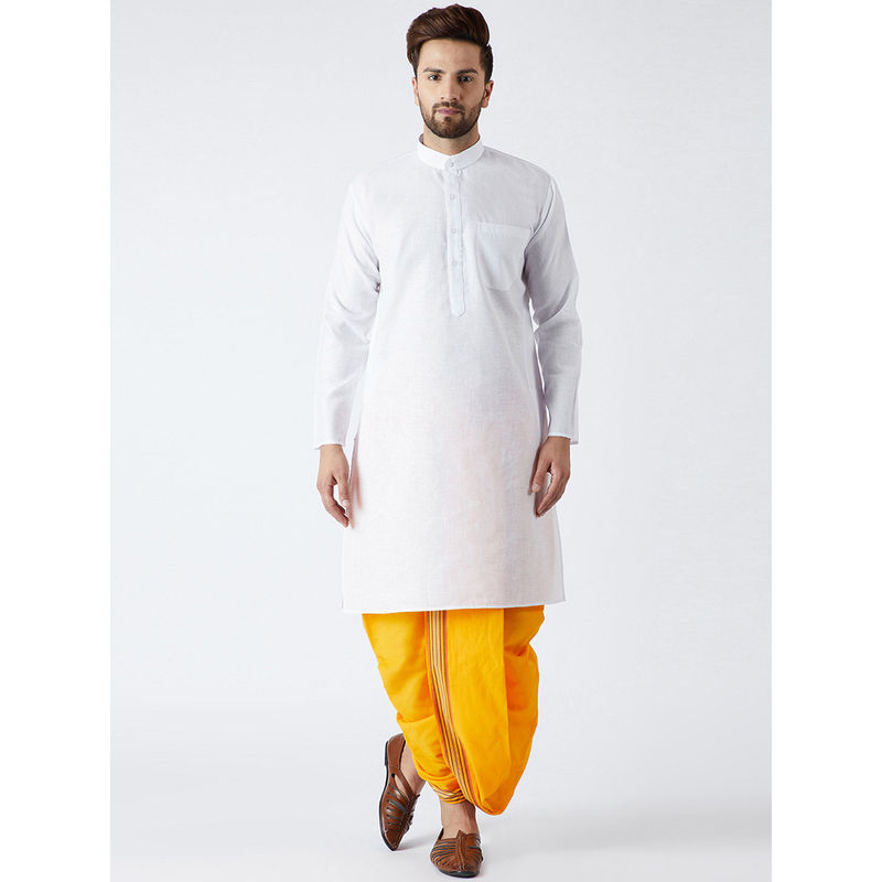 SOJANYA Cotton Linen White Kurta and Yellow Dhoti Pant (Set of 2) (M)