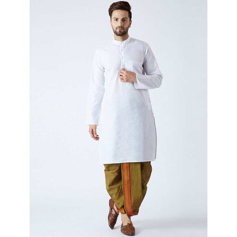 SOJANYA Cotton Linen White Kurta and Green Dhoti Pant (Set of 2) (M)
