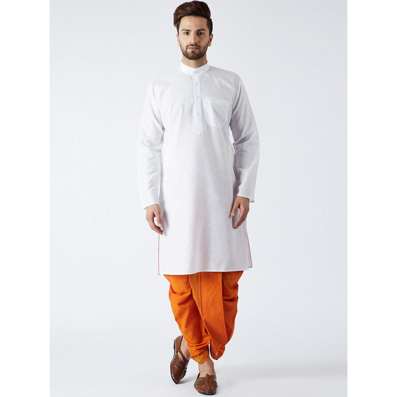SOJANYA Cotton Linen White Kurta and Orange Dhoti Pant (Set of 2) (M)