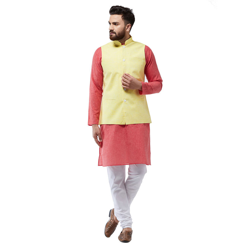 SOJANYA Cotton Linen Red Kurta With White Pyjama & Lemon Nehru Jacket (Set of 3) (M)