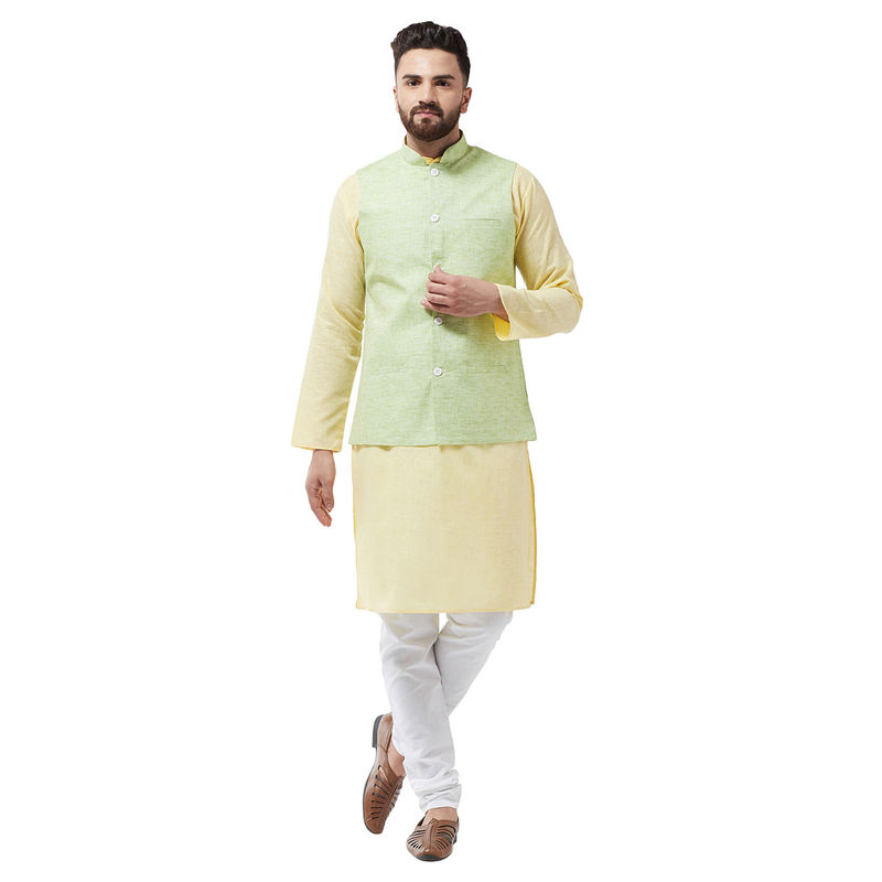 SOJANYA Cotton Linen Yellow Kurta With White Pyjama & Green Nehru Jacket (Set of 3) (M)