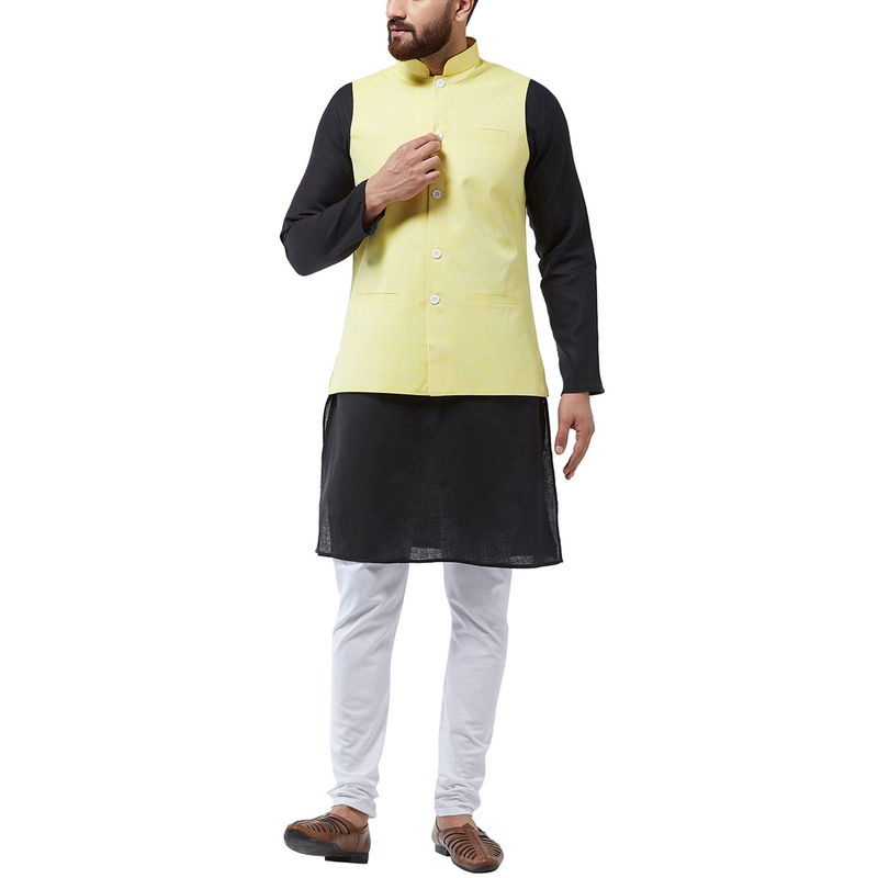 SOJANYA Cotton Linen Black Kurta With White Pyjama & Lemon Nehru Jacket (Set of 3) (M)