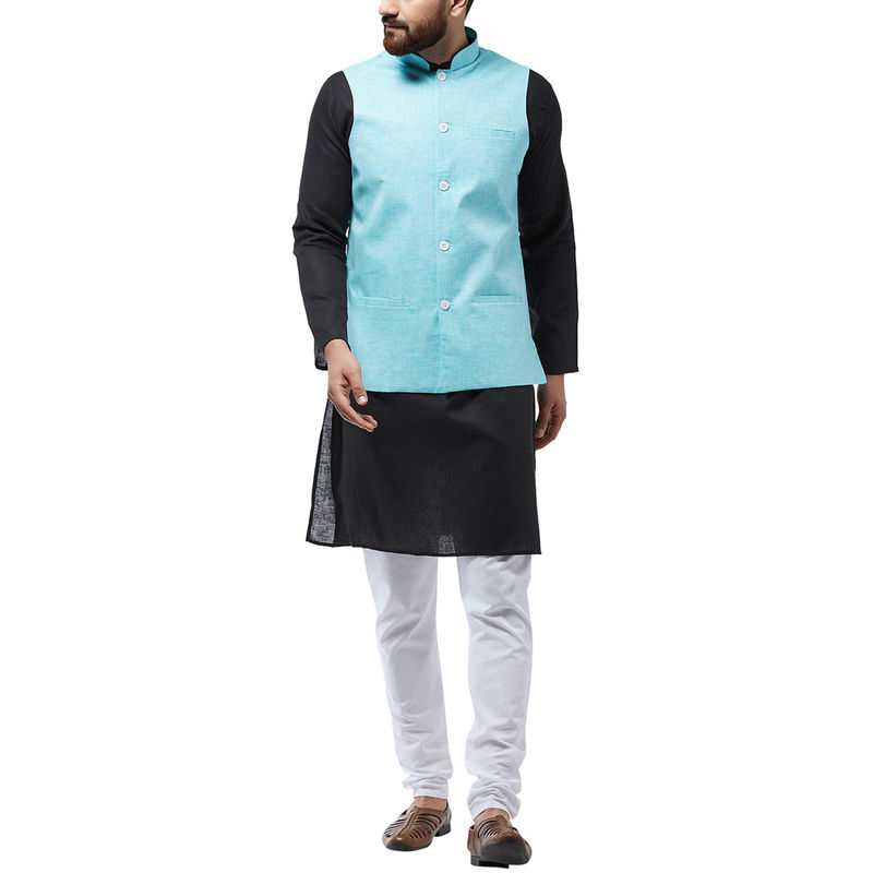 SOJANYA Cotton Linen Black Kurta With White Pyjama & Sky Blue Nehru Jacket (Set of 3) (M)