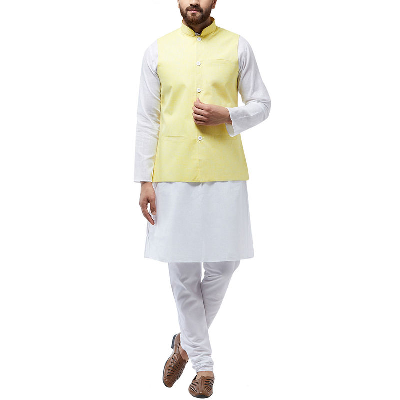 SOJANYA Cotton Linen White Kurta With Pyjama & Lemon Nehru Jacket (Set of 3) (M)