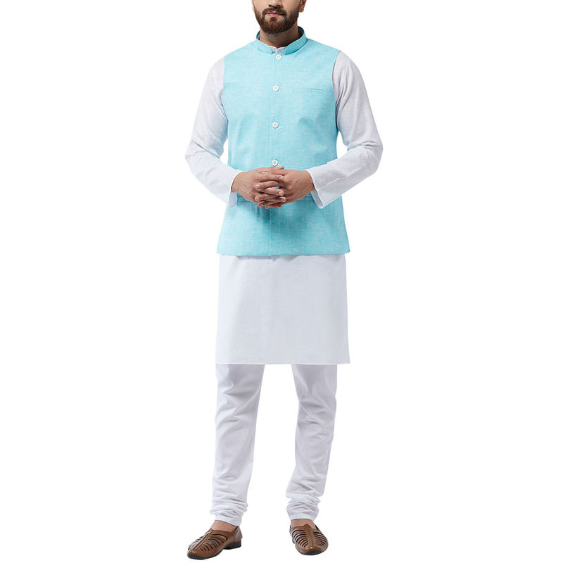 SOJANYA Cotton Linen White Kurta With Pyjama & Sky Blue Nehru Jacket (Set of 3) (M)