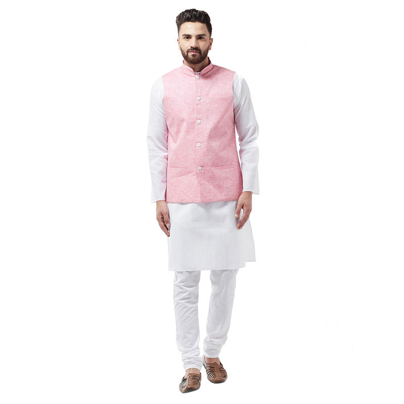 SOJANYA Cotton Linen White Kurta With Pyjama & Pink Nehru Jacket (Set of 3) (2XL)