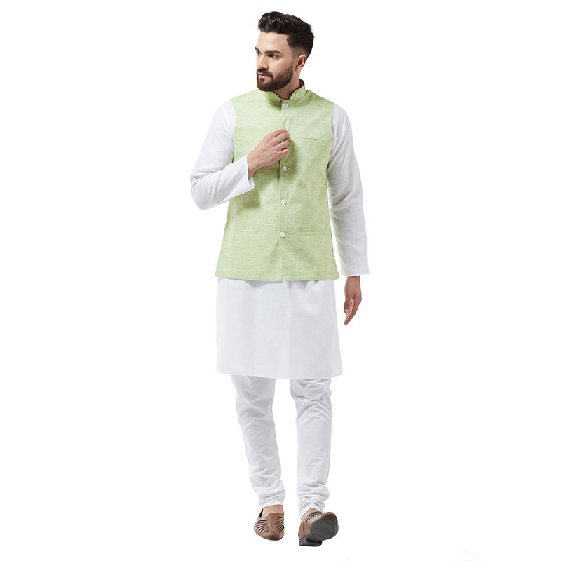 SOJANYA Cotton Linen White Kurta With Pyjama & Green Nehru Jacket (Set of 3) (2XL)