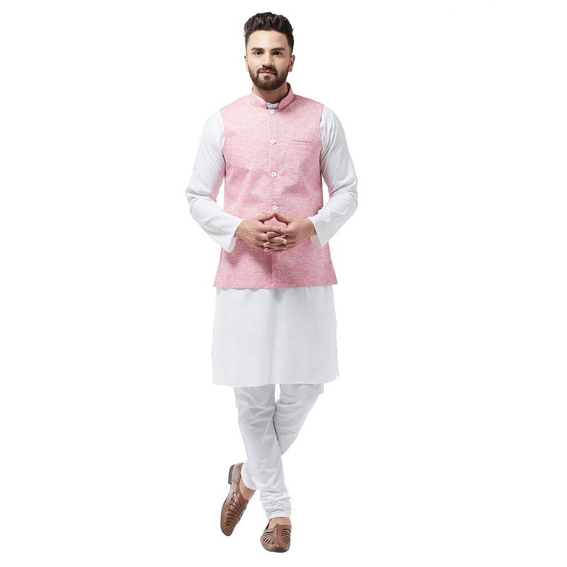 SOJANYA Cotton Linen White Kurta With Pyjama & Coral Nehru Jacket (Set of 3) (2XL)