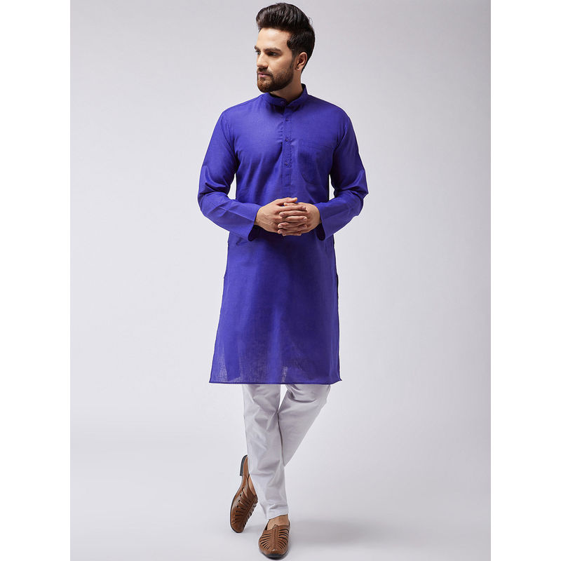 SOJANYA Men Cotton Linen Royal Blue Kurta & White Pyjama (Set of 2) (M)