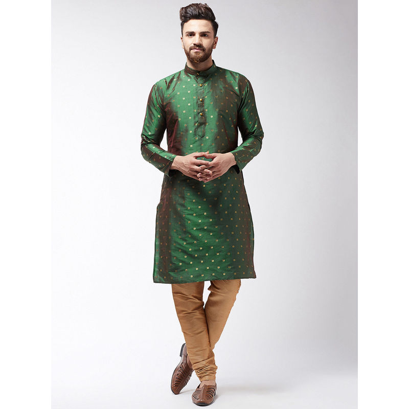 SOJANYA Men Silk Blend Dark Green Kurta & Gold Churidar Pyjama (Set of 2) (M)