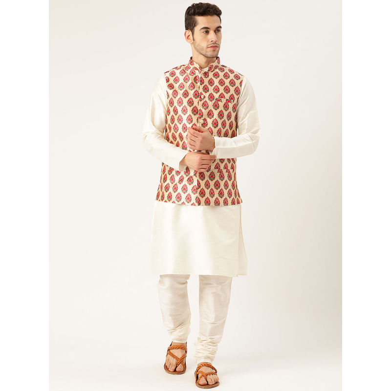 SOJANYA Mens Silk Blend Cream Kurta Pyjama & Red Nehru Jacket (Set of 3) (2XL)