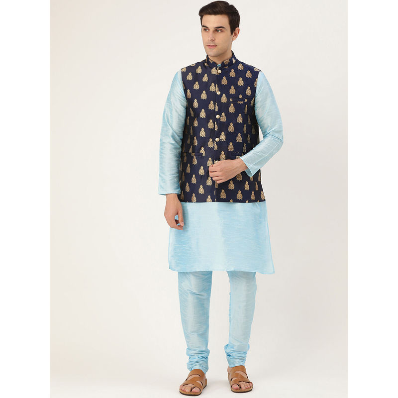 SOJANYA Men Silk Blend Sky Blue Kurta Pyjama & Navy Nehru Jacket (Set of 3) (XL)