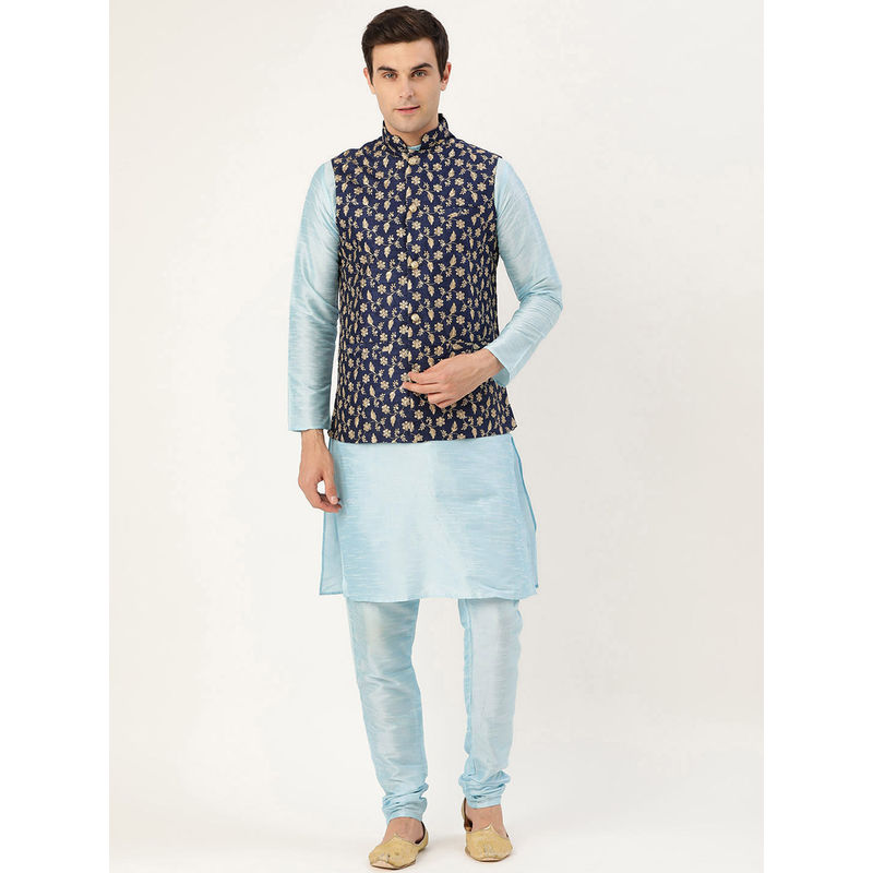 SOJANYA Men Silk Blend Sky Blue Kurta Pyjama & Navy Nehru Jacket (Set of 3) (M)