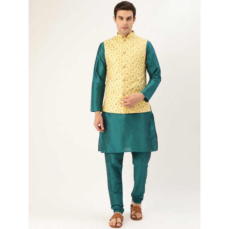 SOJANYA Men Silk Blend Teal Green Kurta Pyjama & Lemon Nehru Jacket (Set of 3) (M)