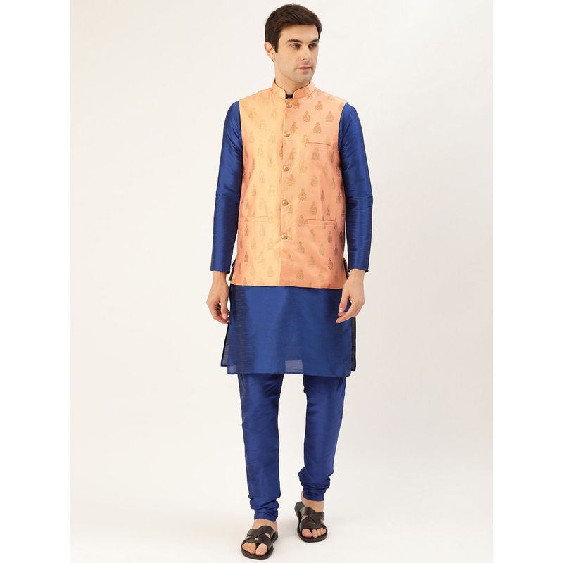 SOJANYA Men Silk Blend Royal Blue Kurta Pyjama & Peach Nehru Jacket (Set of 3) (2XL)