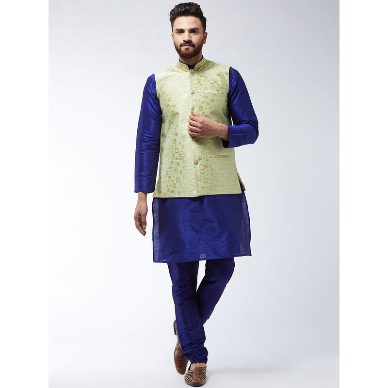 SOJANYA Men Silk Blend Royal Blue Kurta Pyjama & Green Nehru Jacket (Set of 3) (2XL)