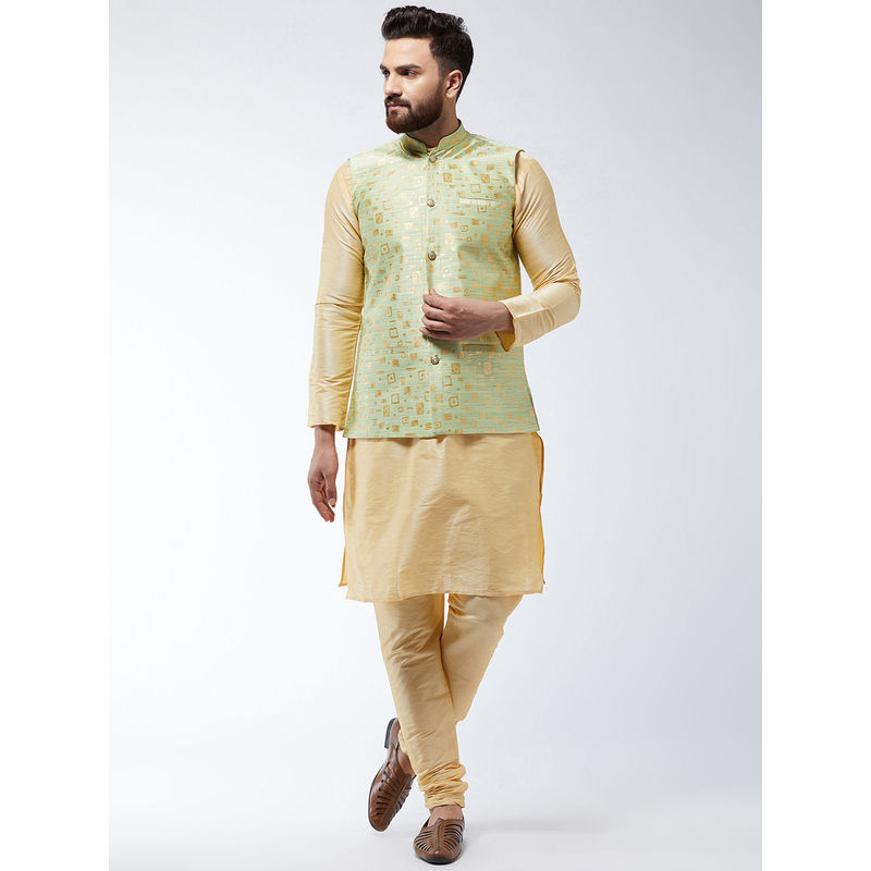 SOJANYA Men Silk Blend Gold Kurta Pyjama & Green Nehru Jacket (Set of 3) (2XL)