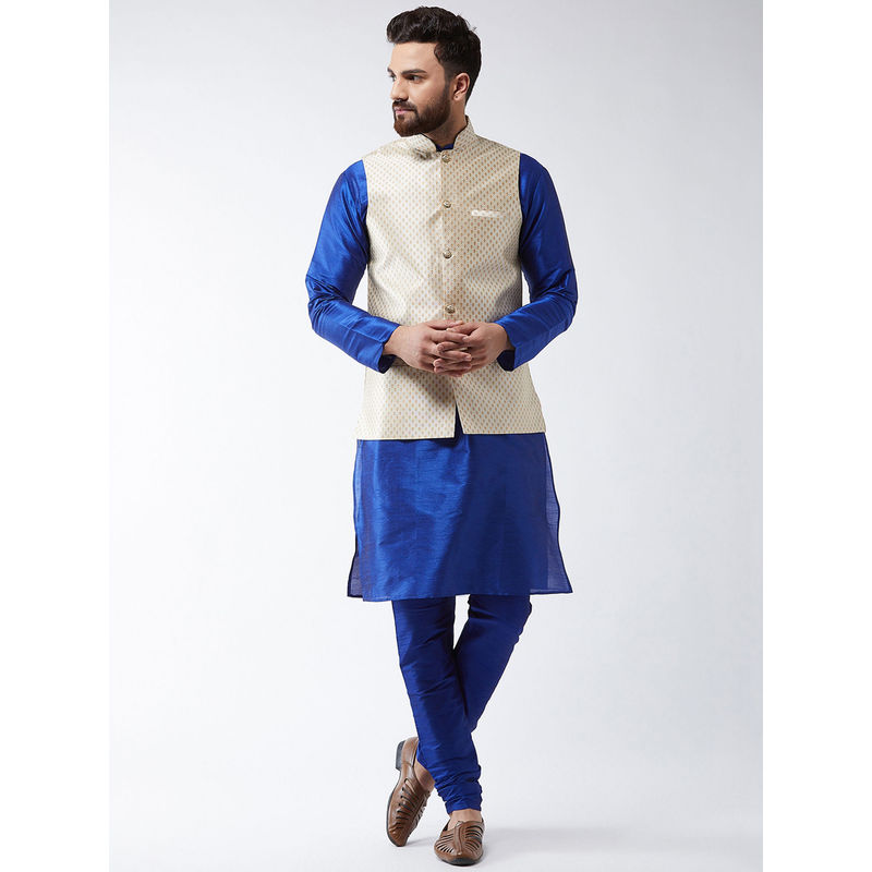 SOJANYA Men Silk Blend Royal Blue Kurta Pyjama & Beige Nehru Jacket (Set of 3) (M)