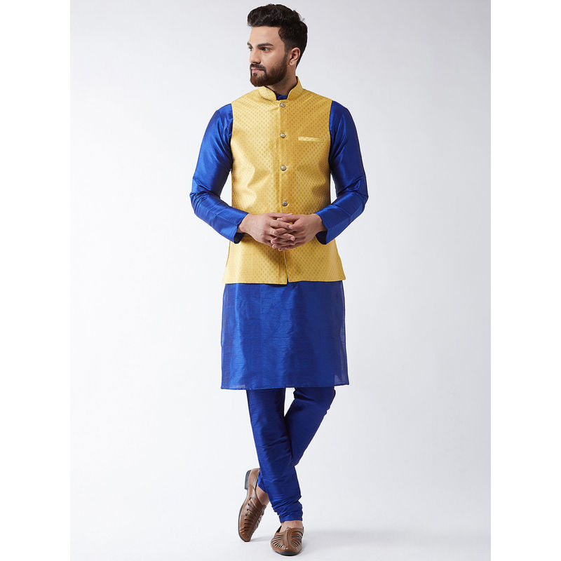 SOJANYA Men Silk Blend Royal Blue Kurta Pyjama & Yellow Nehru Jacket (Set of 3) (XL)
