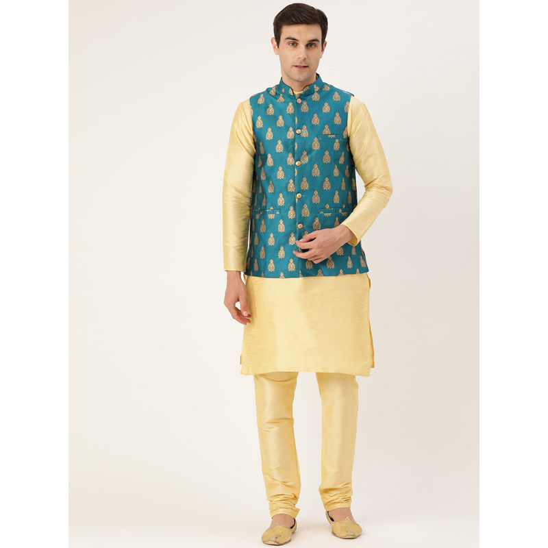 SOJANYA Men Silk Blend Gold Kurta Pyjama & Teal Blue Nehru Jacket (Set of 3) (M)