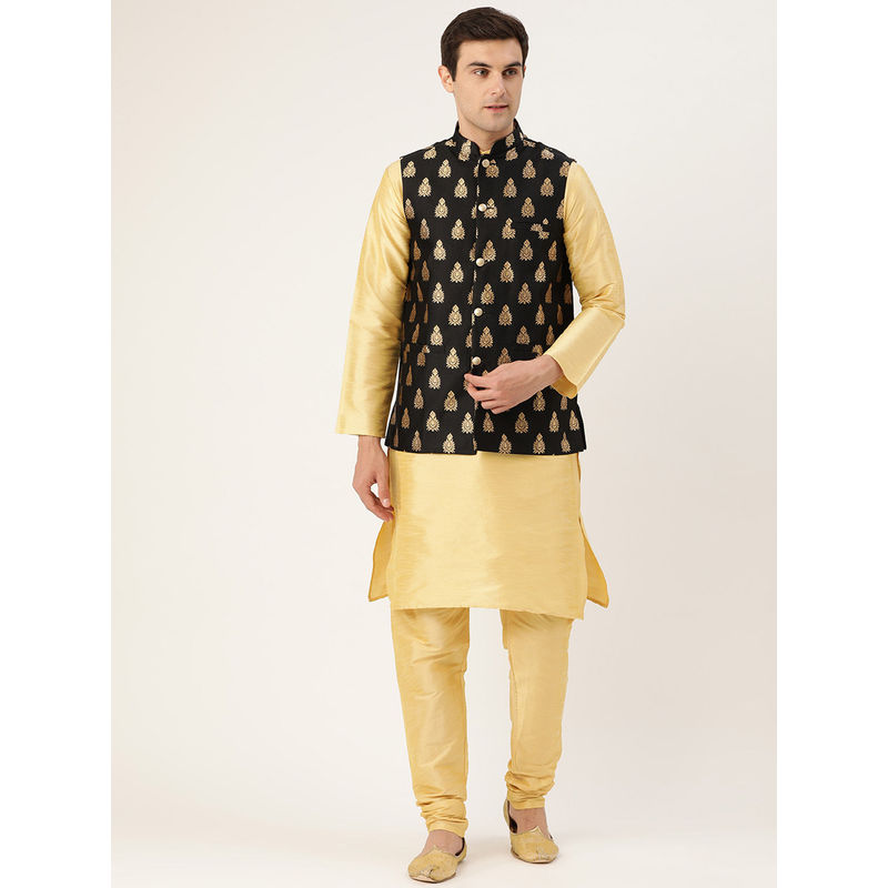 SOJANYA Men Silk Blend Gold Kurta Pyjama & Black Nehru Jacket (Set of 3) (M)