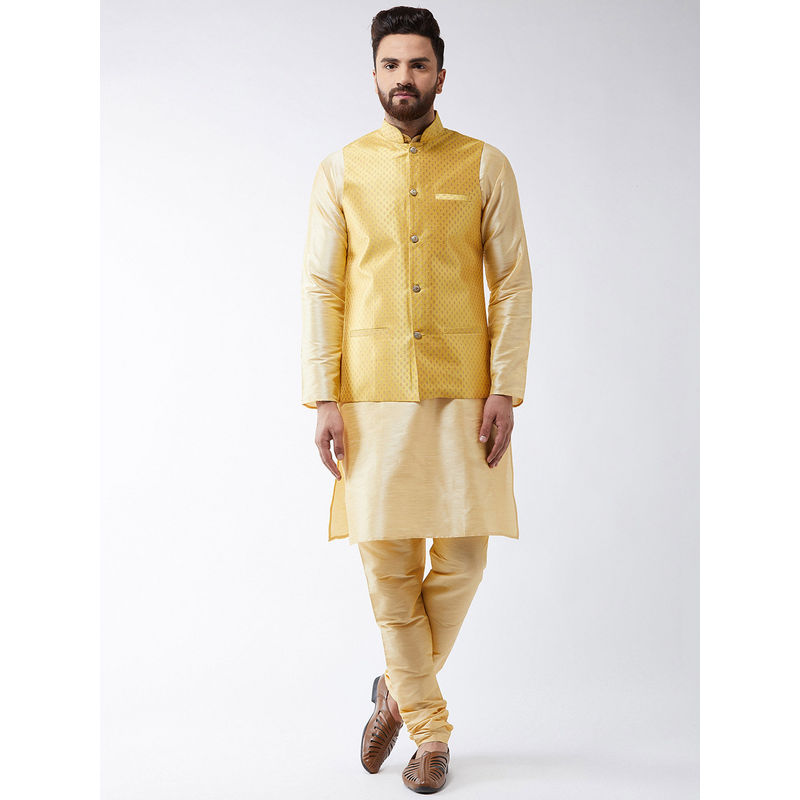 SOJANYA Men Silk Blend Gold Kurta Pyjama & Yellow Nehru Jacket (Set of 3) (M)