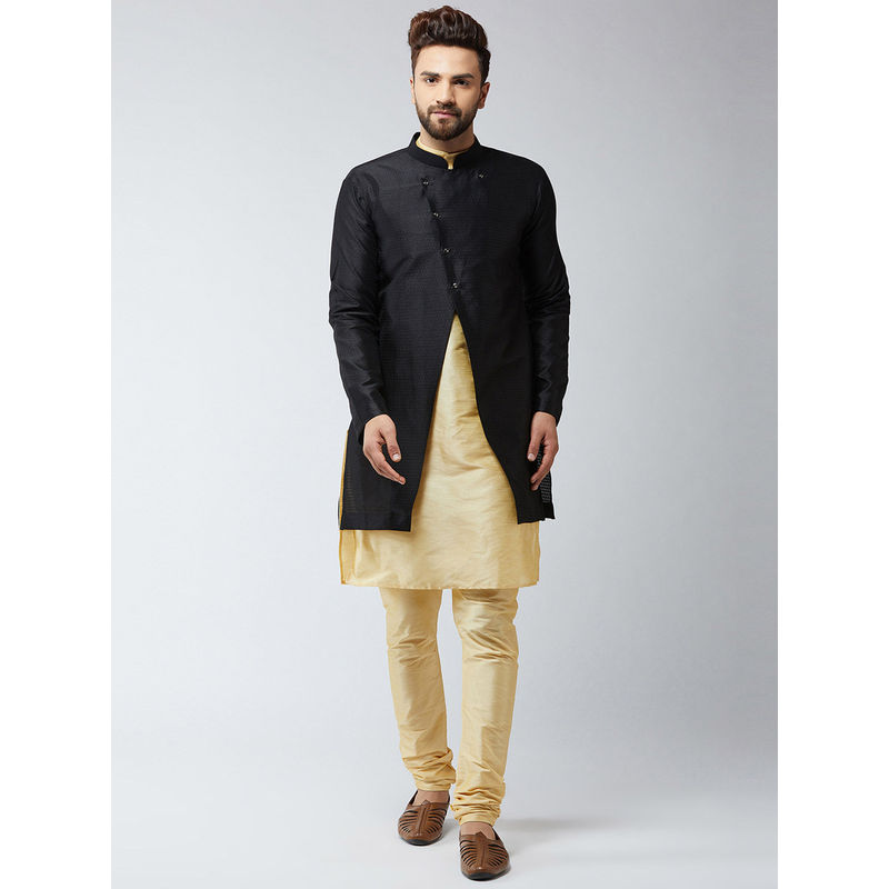 SOJANYA Men Silk Blend Gold Kurta With Churidaar Pyjama & Black Sherwani Jacket (Set of 3) (M)