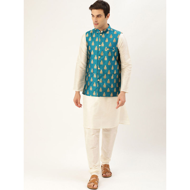 SOJANYA Men Silk Blend Off White Kurta Pyjama & Teal Blue Nehru Jacket (Set of 3) (M)