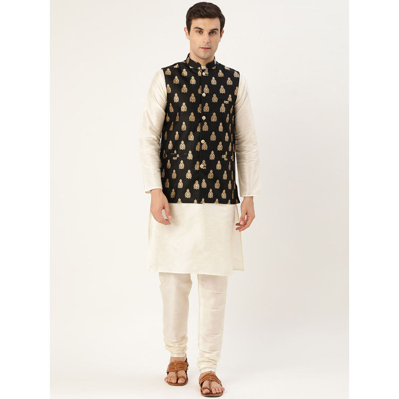 SOJANYA Men Silk Blend Off White Kurta Pyjama & Black Nehru Jacket (Set of 3) (M)