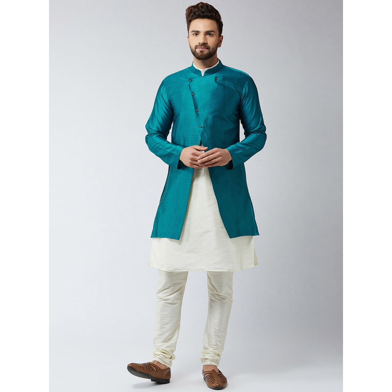 SOJANYA Men Silk Blend Cream Kurta With Churidaar Pyjama & Peacock Sherwani Jacket (Set of 3) (M)