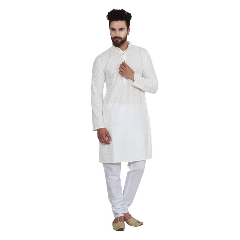 SOJANYA Cream Men 100% Cotton Chikan Kurta & Churidaar Pyjama (Set of 2) (M)