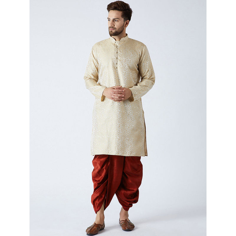 SOJANYA Silk Gold Kurta And Maroon Dhoti (Set of 2) (M)